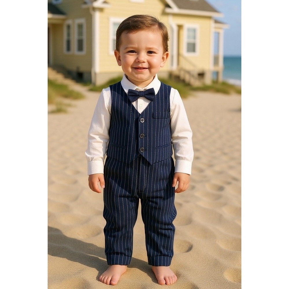 New Pat Pat Babies 6/9 Months Tuxedo Pinstriped Suit Romper Bow Tie 1pc Jumpsuit